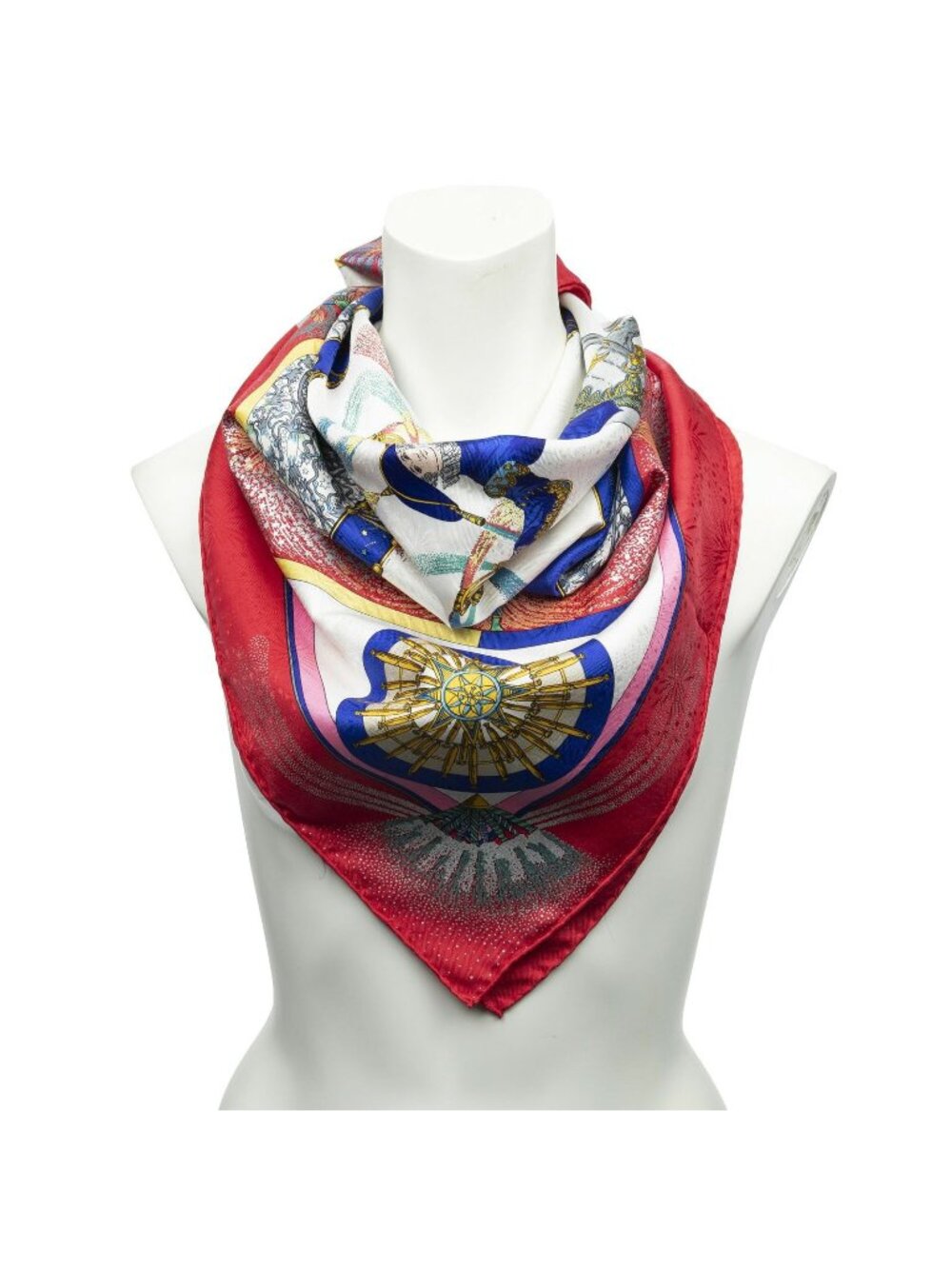 Hermes Scarf Red Blue White Jacquard Silk